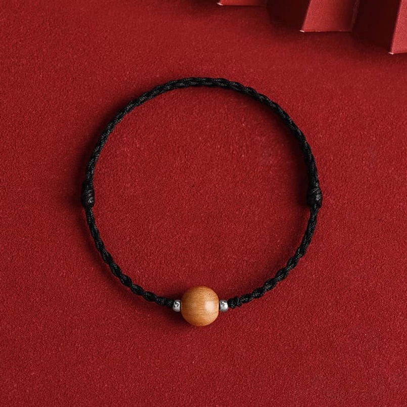 10mm peach wood bead black rope bracelet - large statement spiritual protection piece