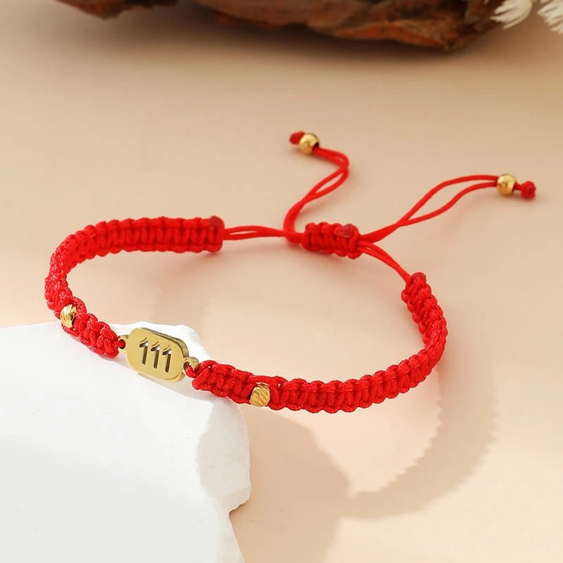 111 angel number red braided string bracelet with gold nameplate and adjustable pull cord