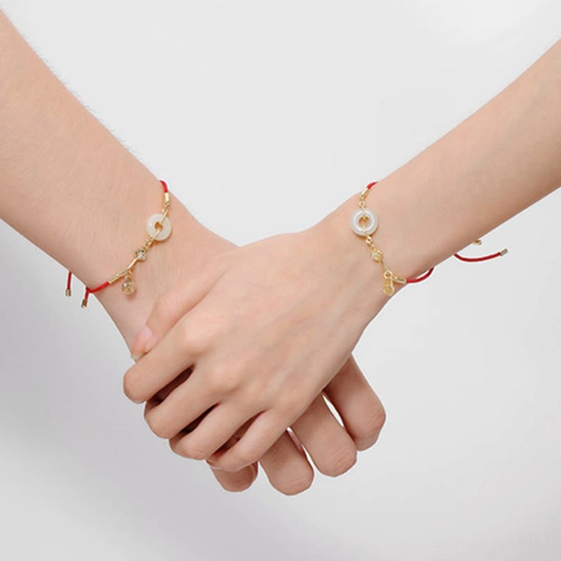 18K gold plated red string bracelet with authentic Hetian jade and Fu character pendant
