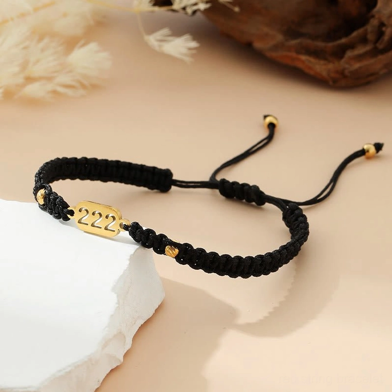 222 black red braided angel number bracelet with gold tag