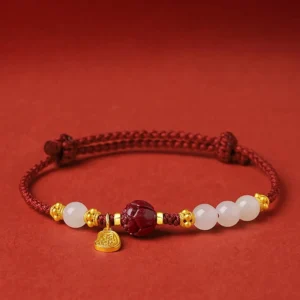 24K Gold Plated Hetian White Jade Cinnabar Lotus Red String Bracelet Front View