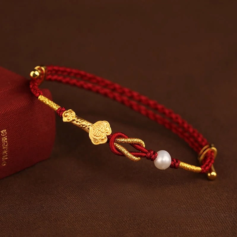 24K gold Ruyi Fu rabbit pearl red string bracelet complete set with all charm symbols