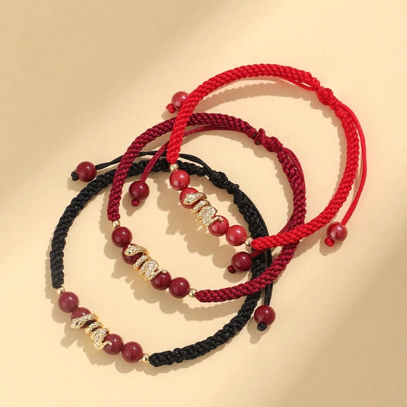 3 styles set of Year of Snake cinnabar braided bracelets in red and black ropes
