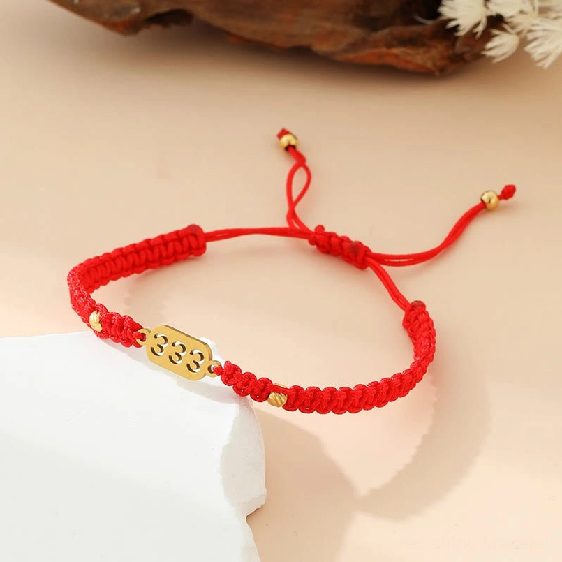 333 angel number red braided string bracelet with gold nameplate creativity