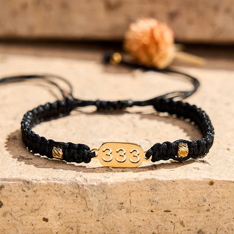 555 angel number black red braided bracelet with gold tag
