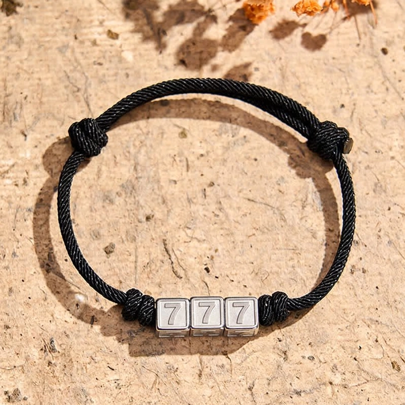 777 angel number bracelet black cord with titanium steel charm