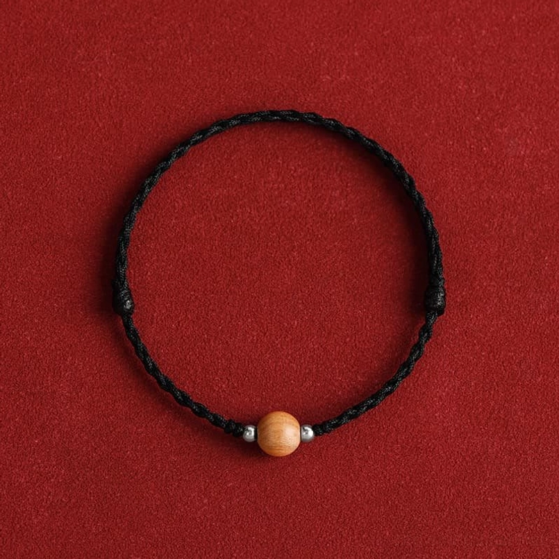 8mm peach wood bead red string bracelet - medium size luck and fortune talisman