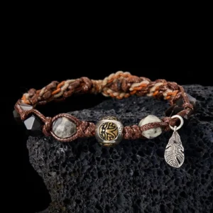 925 sterling silver feather silver sheen obsidian red string bracelet on volcanic rock