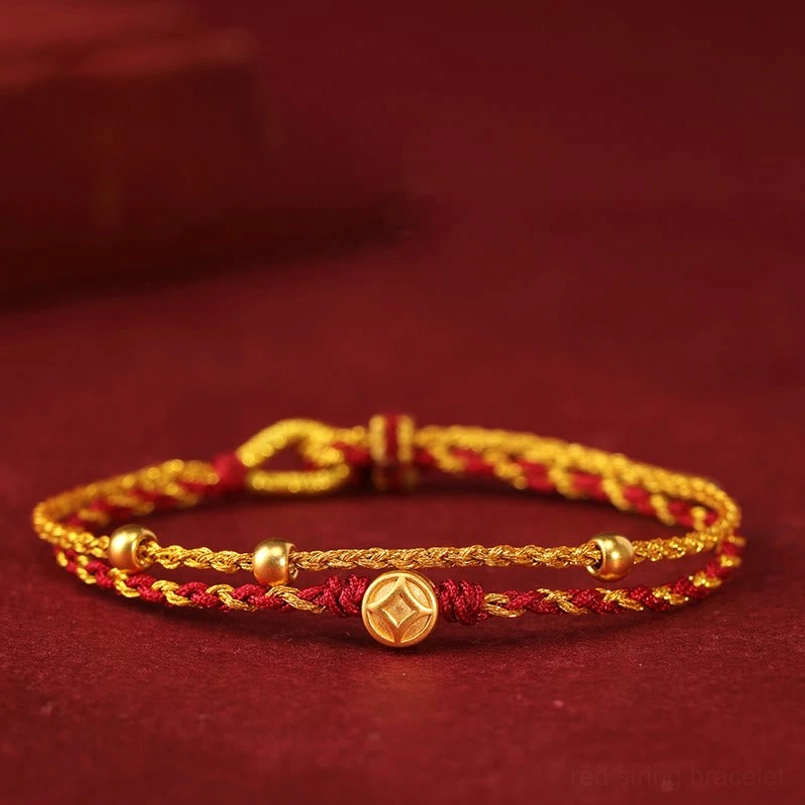 999 gold copper coin three beads red string bracelet top view
