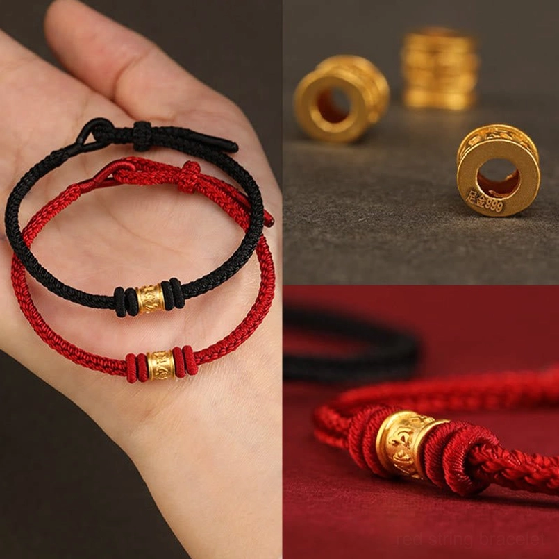 999 gold Om Mani Padme Hum red string bracelet product display shot