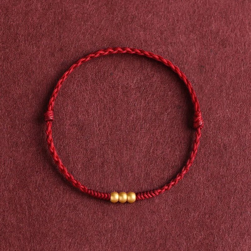 999 gold three mini beads dark red luck red string bracelet full view
