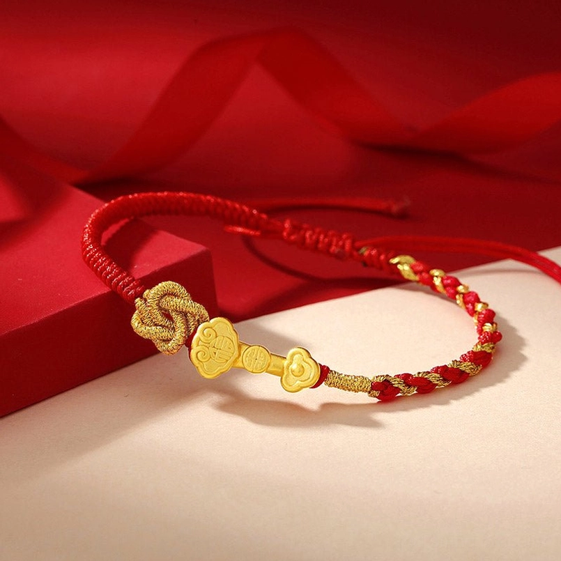 Ruyi Fu Charm Red String Bracelet 999 Sterling Silver Side Flat Lay