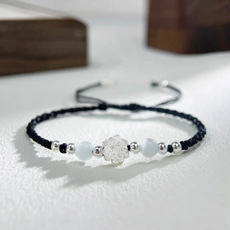 999 sterling silver lotus cat's eye black red string bracelet side top view