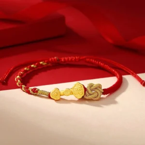 999 Sterling Silver Ruyi Fu Character Red String Fortune Bracelet Flat Lay