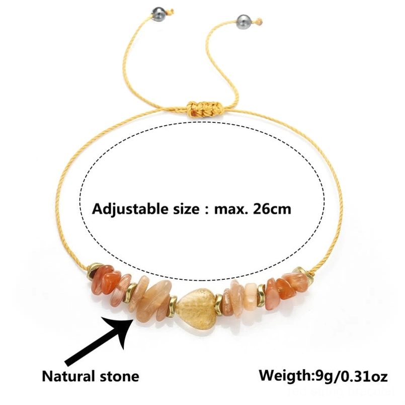 Adjustable red string bracelet top view showing 26cm perimeter sizing and pull-string design