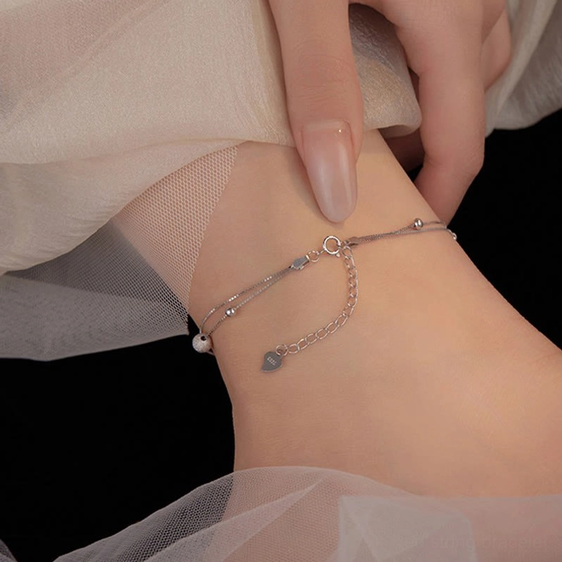 Minimalist adjustable double layer anklet with heart tag charm on ankle