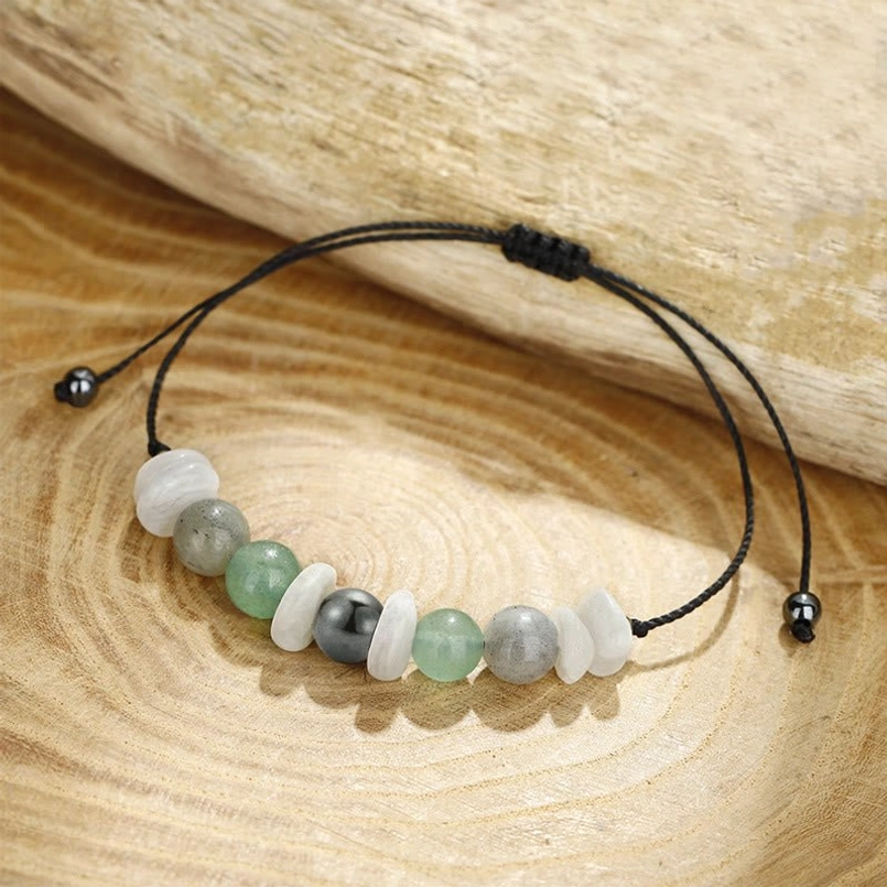 Adjustable menopause relief bracelet with mixed gemstone beads and wood slice decoration
