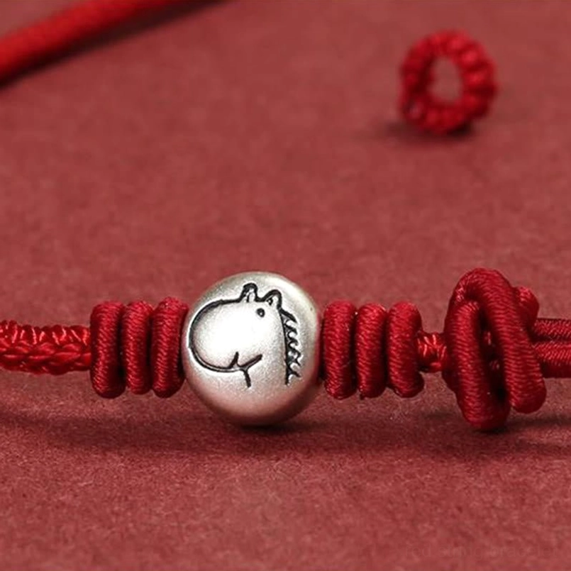 Adjustable red string horse bracelet with 999 sterling silver charm, Chinese zodiac design
