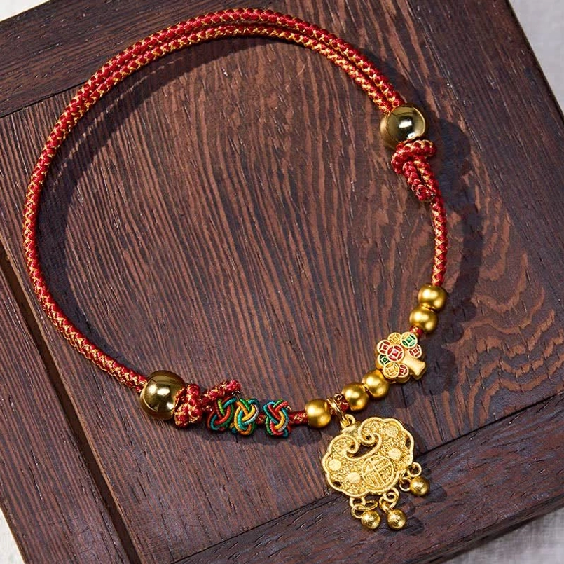 Lucky pet collar with fu character charm and colorful braided knots, adjustable design