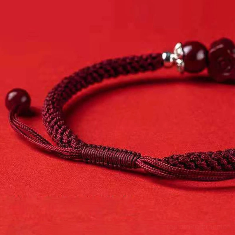 Adjustable Pixiu cinnabar bracelet with red string and carved charm focus
