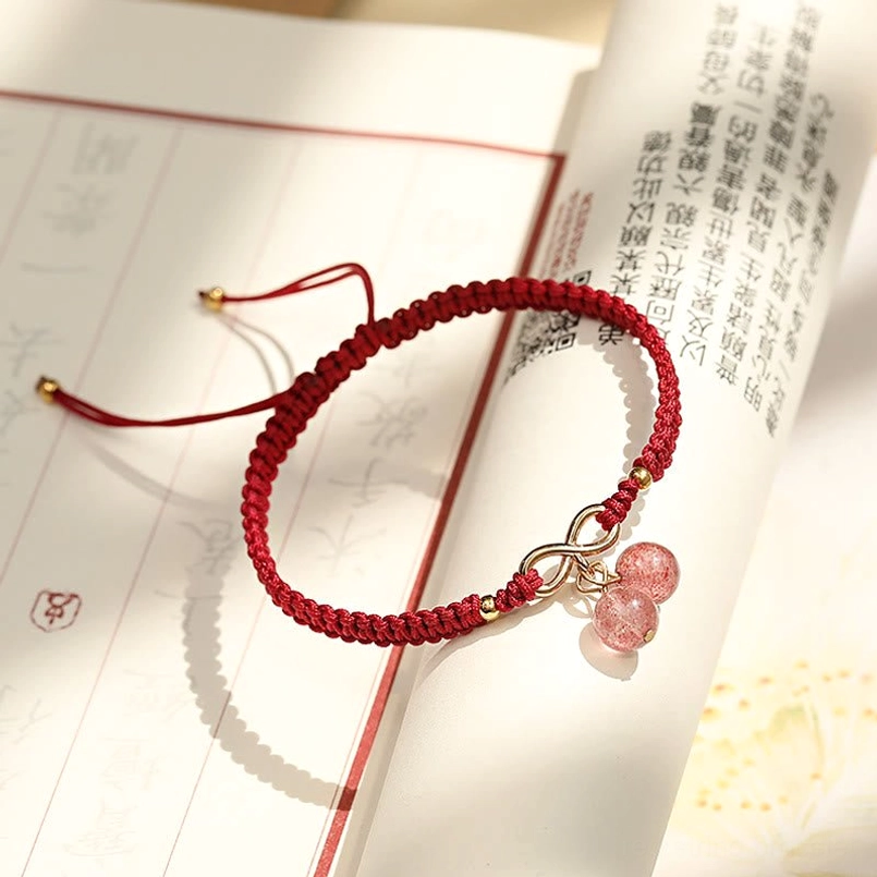Adjustable Red Cord Bracelet with Strawberry Quartz - Drawstring Design