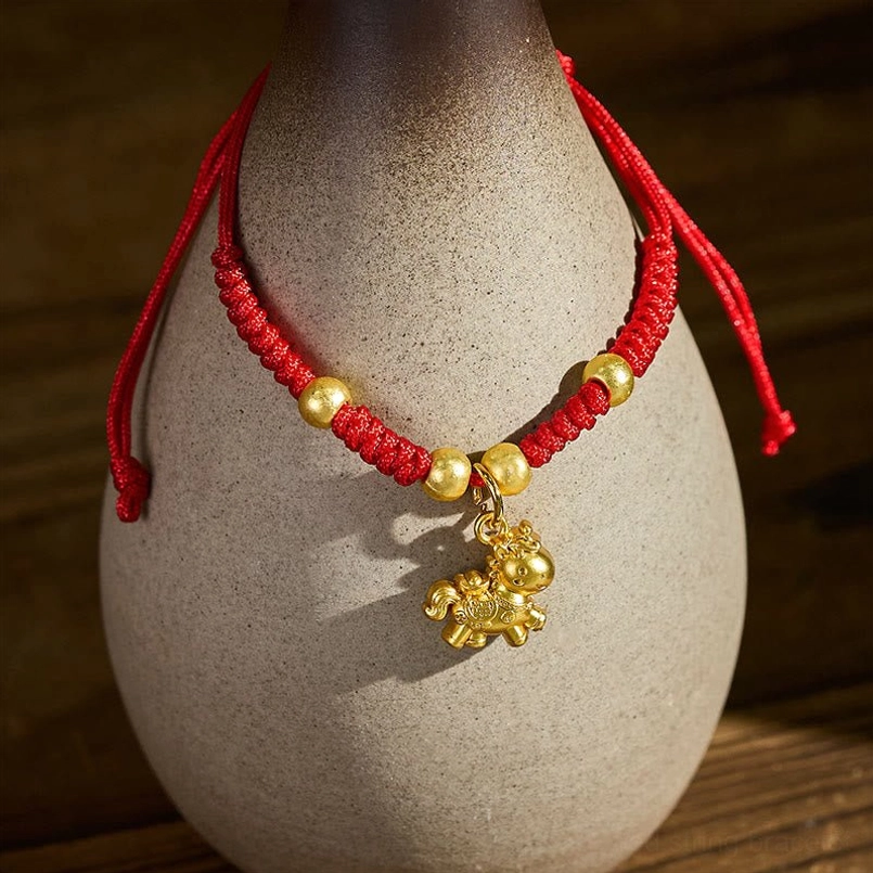 Red string horse charm bracelet with small 3D copper horse charm and long adjustable red cords