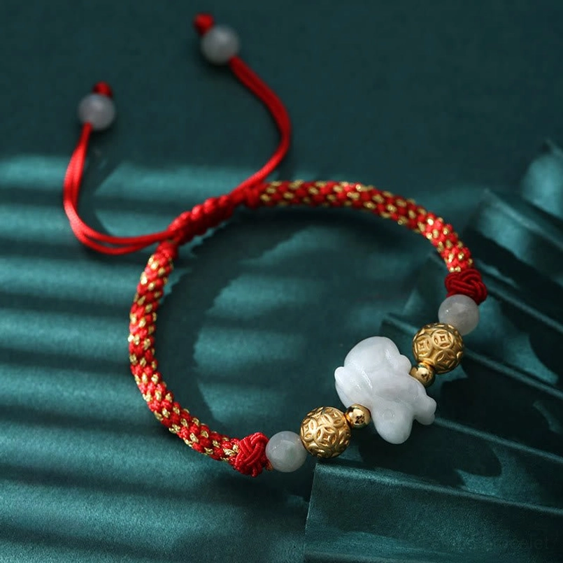 Adjustable red string jade bracelet zodiac charm sliding knot closure