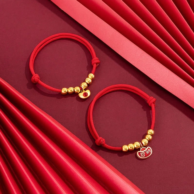 Adjustable red string pet collar with lantern pattern decoration, complete product presentation