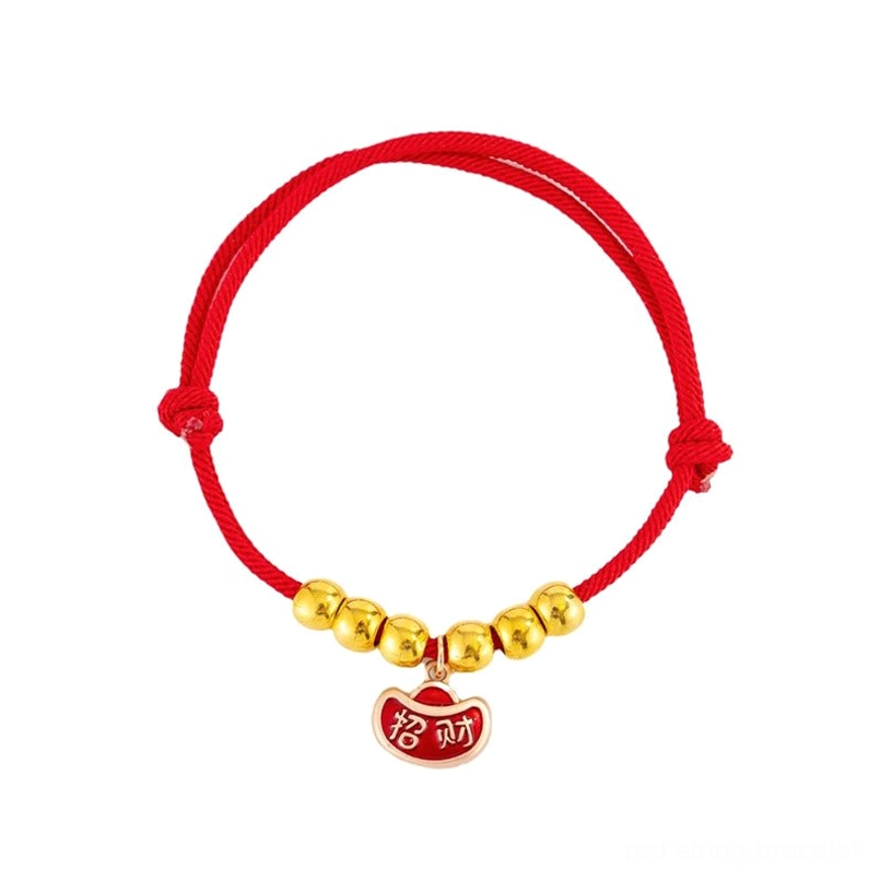 Adjustable red string pet collar with yuanbao enamel charm and gold beads, minimalist product showcase