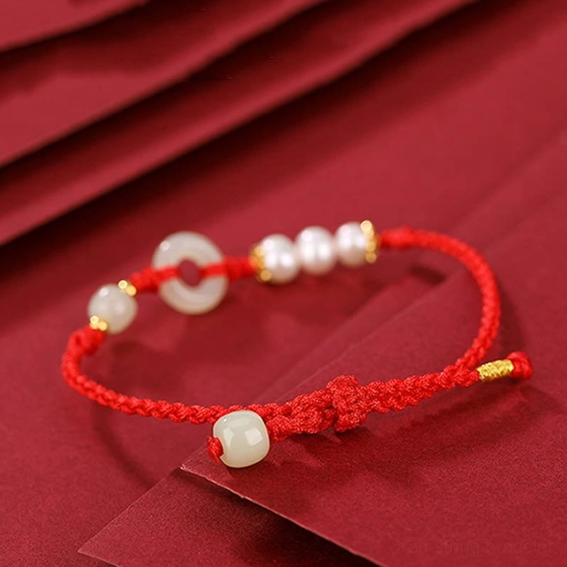 Adjustable braided red string lucky bracelet with Hetian jade peace buckle