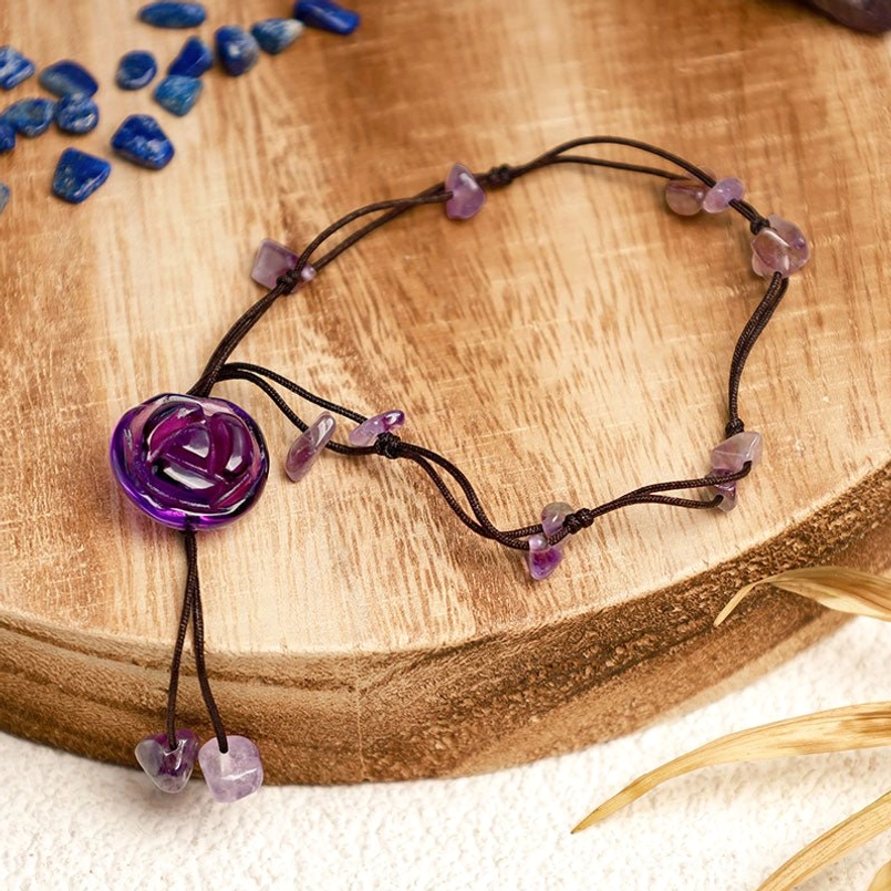 Amethyst crystal anklet with oversized purple rose pendant and multiple adjustable amethyst chip decorations