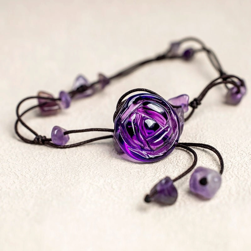Detailed top-down view of handmade amethyst crystal anklet with rose pendant and decorative chips