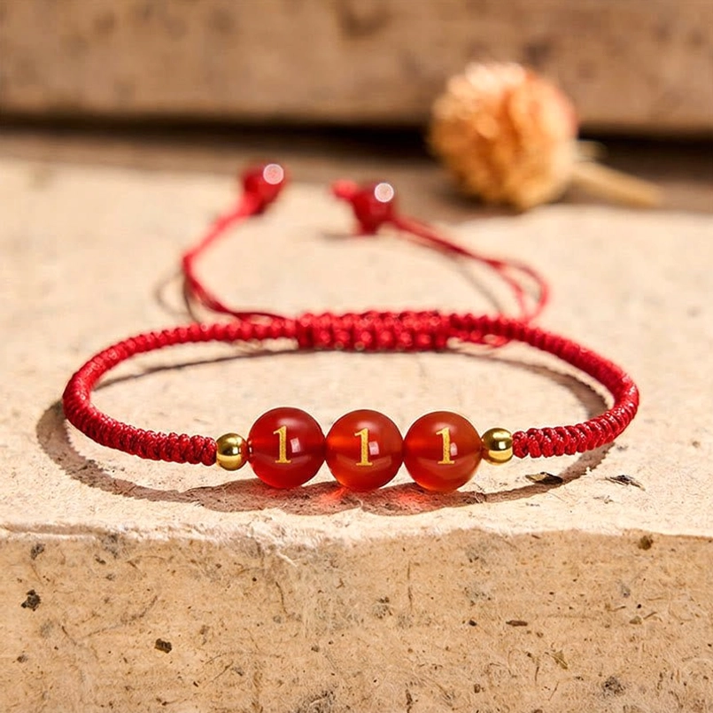 Angel Number 111 Manifestation Red Agate Bracelet with engraved beads and adjustable string