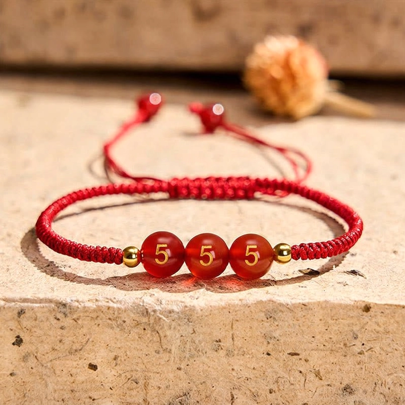 Angel Number 555 Transformation Change Red Agate Bracelet with engraved beads and gold accents