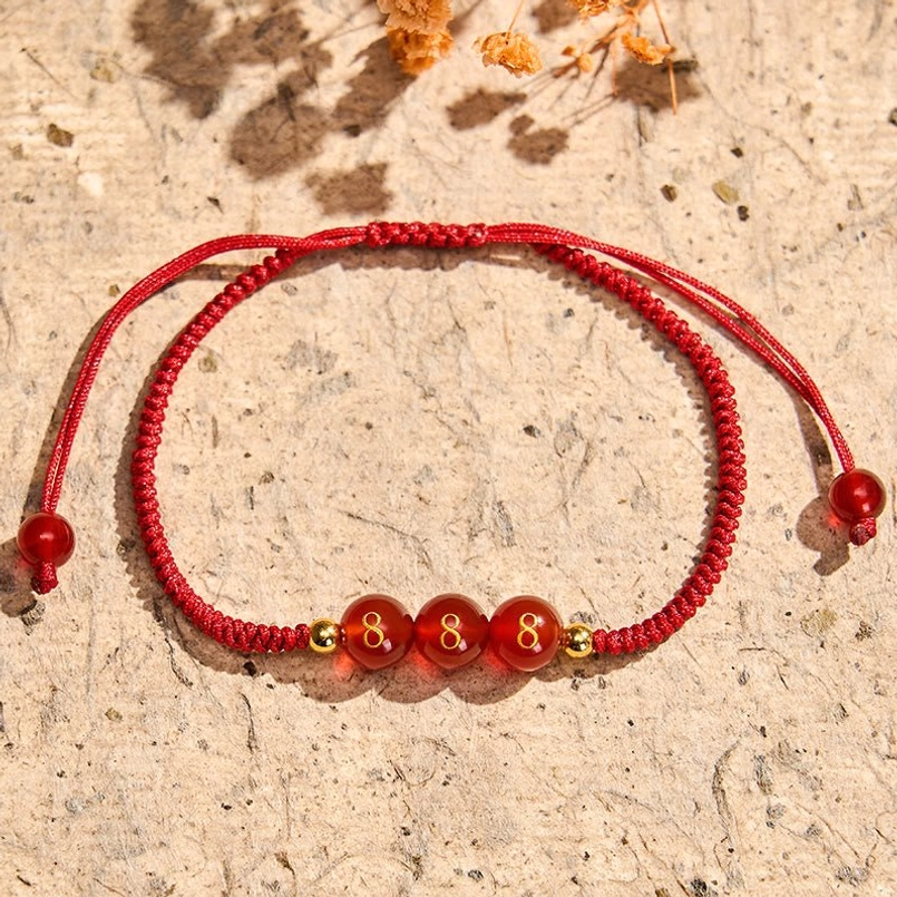 Angel Number 999 Completion Renewal Red Agate Bracelet with engraved beads and woven cord