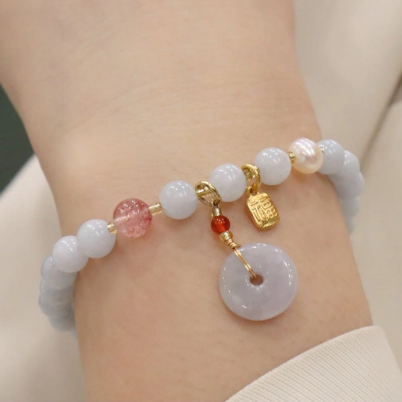 Aquamarine peace buckle fu character bracelet with double-luck charm and light blue beads