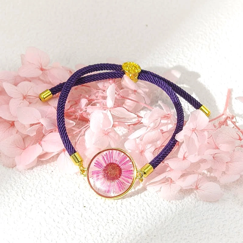 Aster birth flower bracelet - adjustable braided rope with resin-encased aster flower