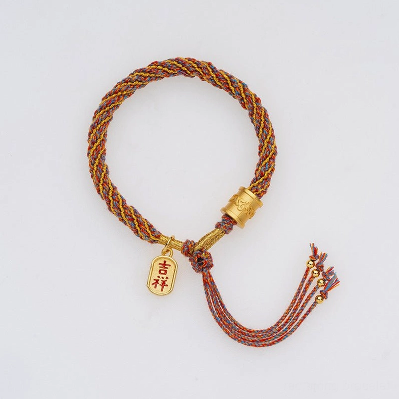 Authentic Tibetan handwoven Om Mani Padme Hum bracelet with gold Ruyi charm and protective meaning