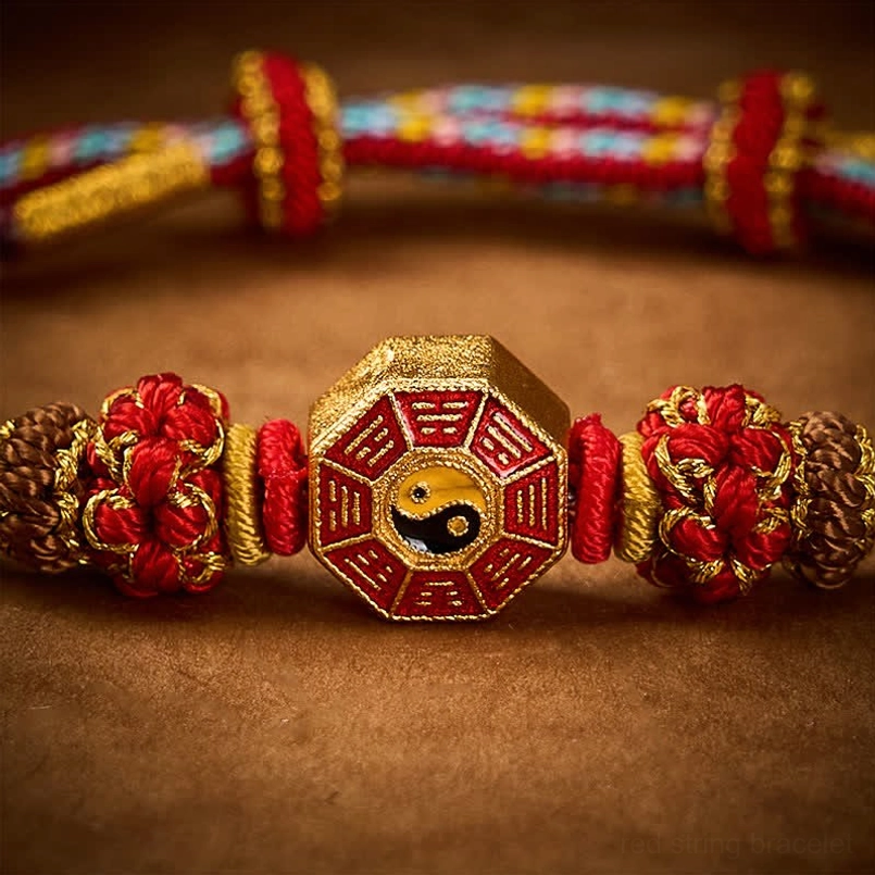 Tibetan Bagua red string bracelet macro detail shot of charm and braided texture