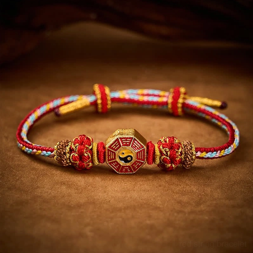 Protection red string Bagua bracelet close-up showing yin-yang charm and braided knots