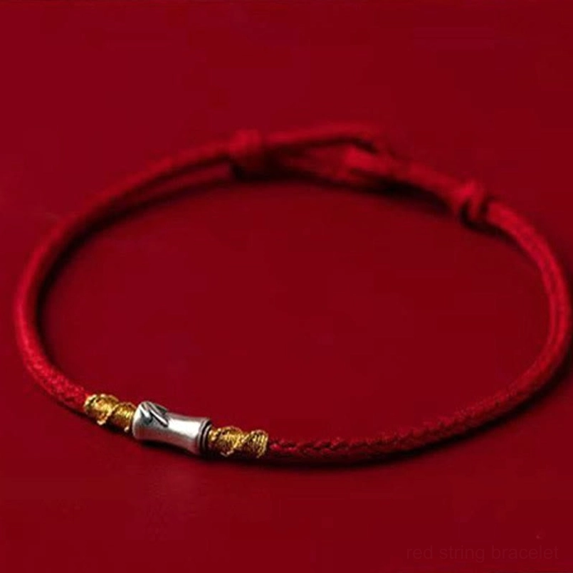 Bamboo design red string bracelet adjustable knot closeup view