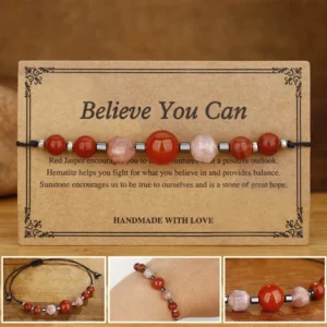 Believe You Can bracelet with carnelian red jasper hematite sunstone beads on display card - flat lay product shot