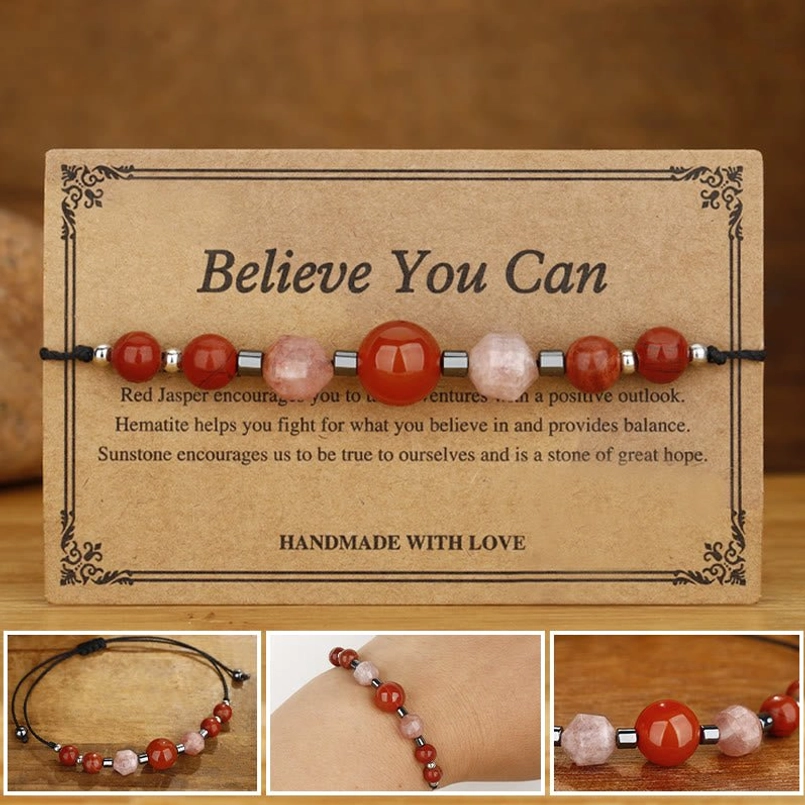 Believe You Can bracelet with carnelian red jasper hematite sunstone beads on display card - flat lay product shot