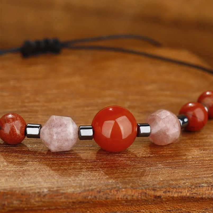 Natural gemstone beads detail showing authentic carnelian and sunstone coloring variation