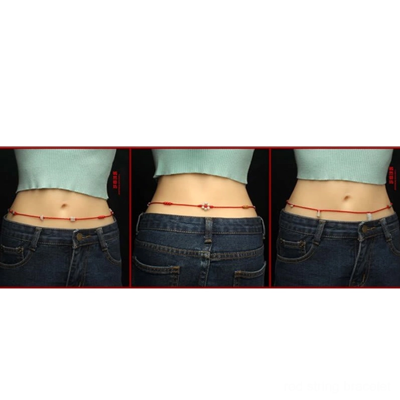Peach wood red string belly chain worn on waist - multi-angle back view demonstration with denim
