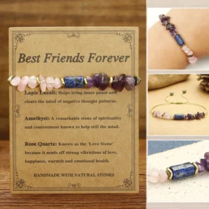 Best Friends Forever amethyst rose quartz lapis lazuli crystal bracelet flat lay with product information card