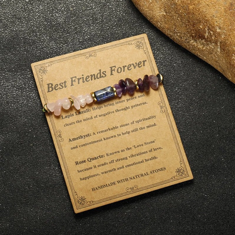 Best Friends Forever friendship bracelet with natural gemstone chips and premium adjustable rope cord