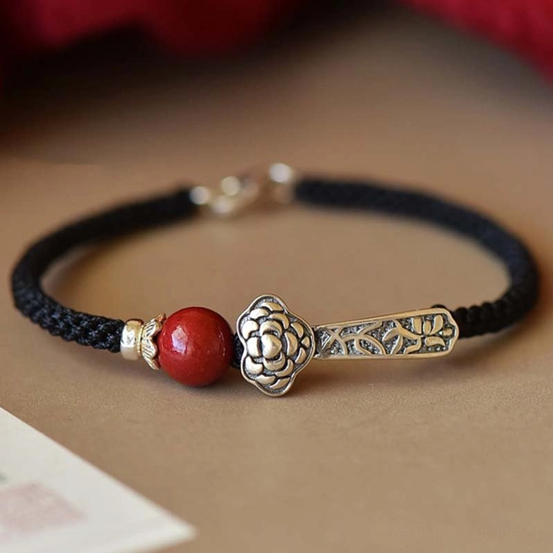 Black braided cord cinnabar blessing bracelet with silver Ruyi charm protection style