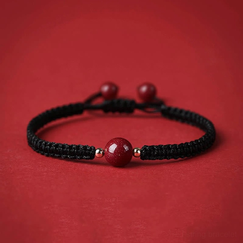 Black cinnabar bead red string bracelet with braided rope and central stone