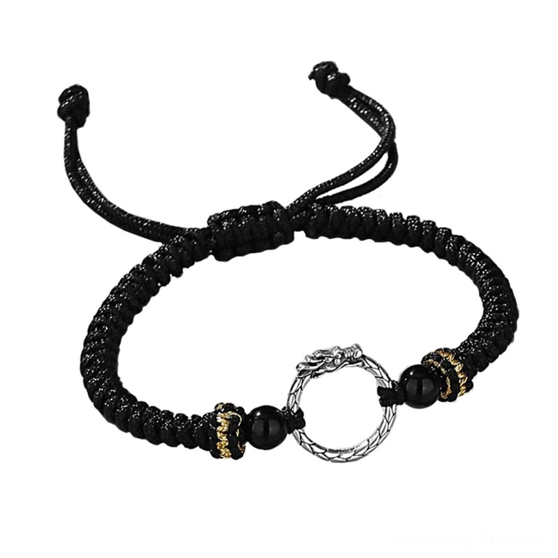 Single black dragon phoenix bracelet side view - woven cord with peace buckle